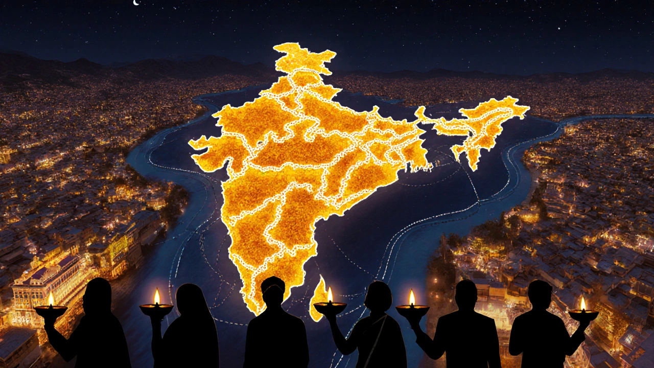 A glowing map of India connected by rivers of light, with people of all backgrounds holding diyas under a starry night.