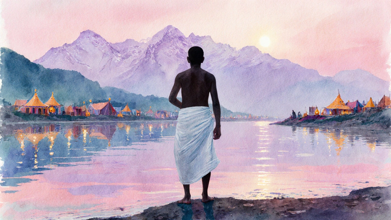 A lone pilgrim in white dhoti standing by the Ganges at sunrise, reflecting the festival’s spiritual aura.