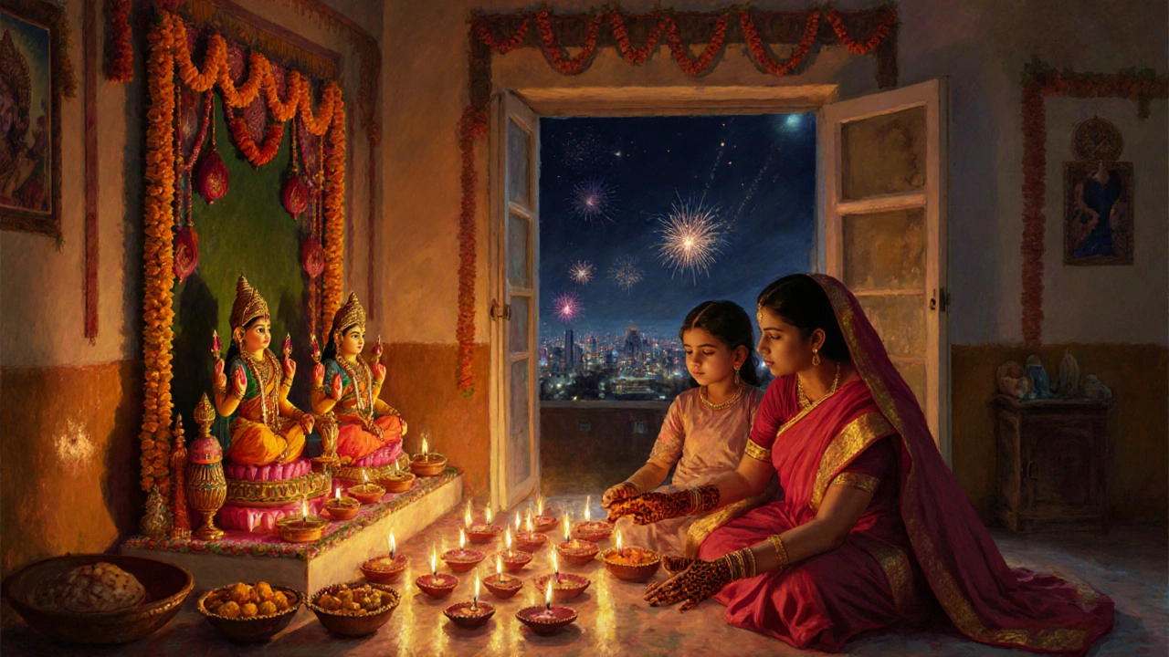 A mother and child lighting clay lamps beside a home altar during Diwali, surrounded by sweets and flowers in warm candlelight.