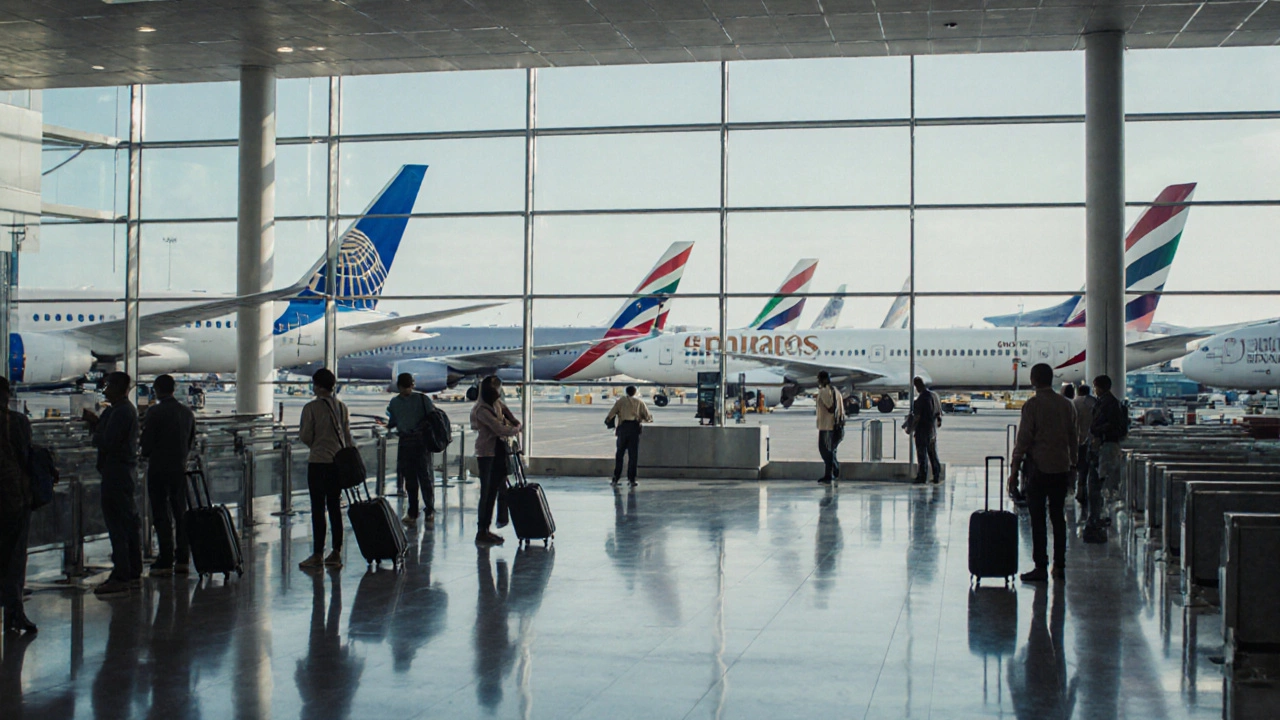 Airport concourse showing various colored aircraft at gates with travelers.