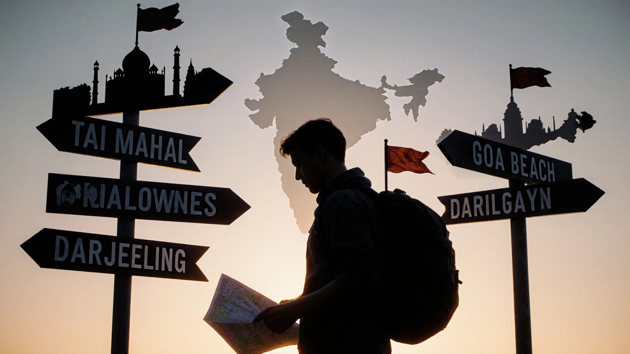 Backpacker at crossroads with signposts shaped like iconic Indian landmarks under sunrise.