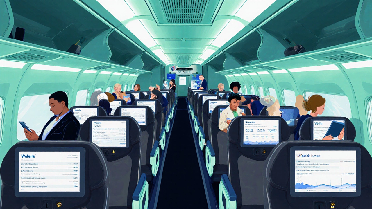 Business Class cabin interior with leather seats, OLED screens, and ambient lighting.