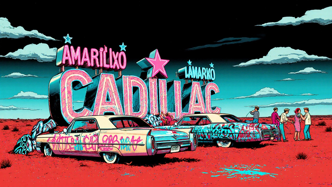 Cadillac Ranch with buried classic cars and neon graffiti in a bright desert setting.