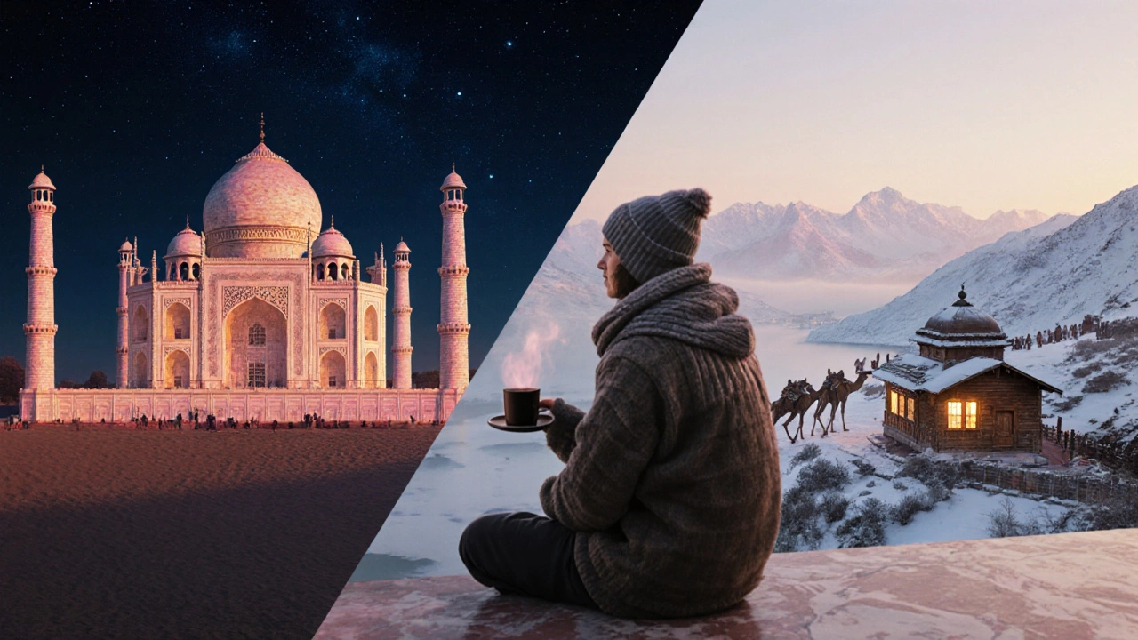 Cinematic scene of a traveler at sunrise over Taj Mahal, desert night in Jaisalmer, and snowy Kashmir valley.