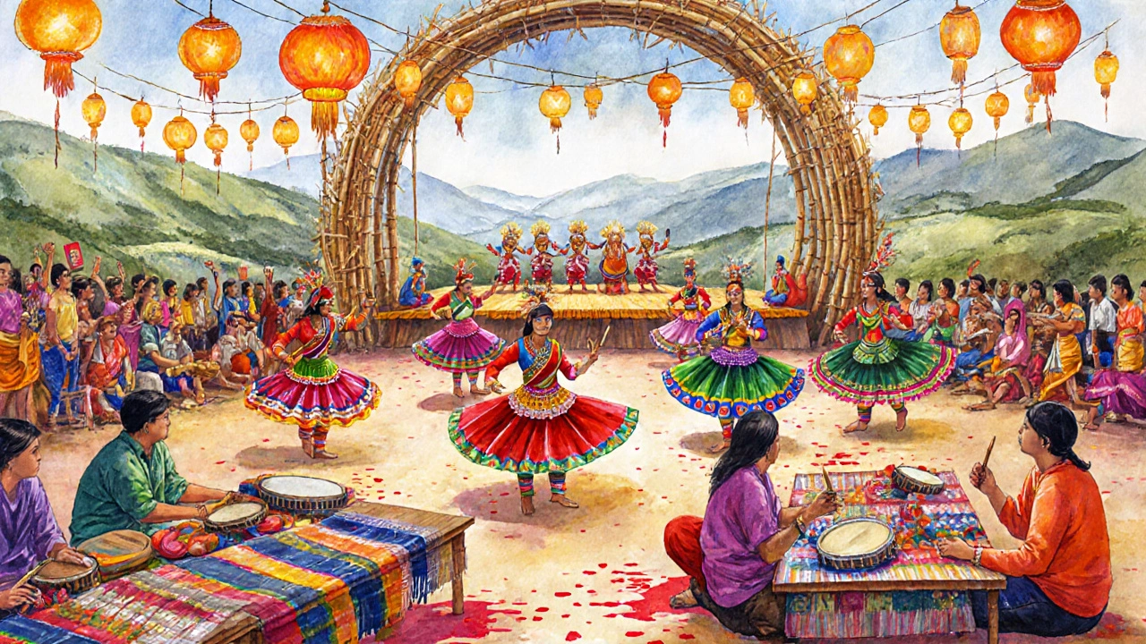 Colorful Hornbill Festival scene with dancers and artisans in Nagaland.