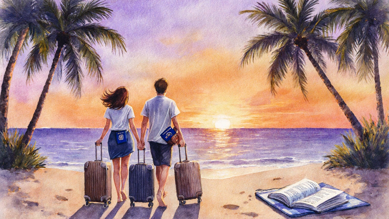 Couple stepping onto a sunset beach resort with luggage, passport, and travel guide, ready for their honeymoon.