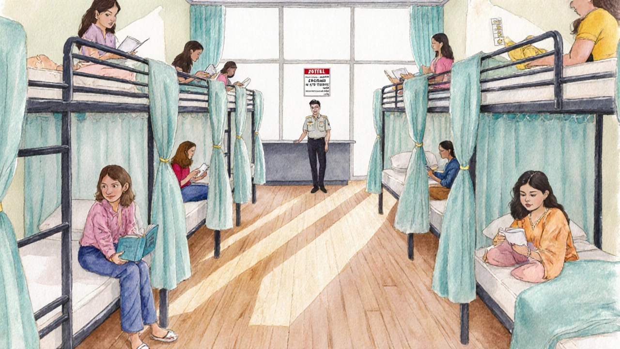 Cozy women&#039;s hostel dormitory with bunk beds, curtains, and a security desk, showing female travelers chatting.