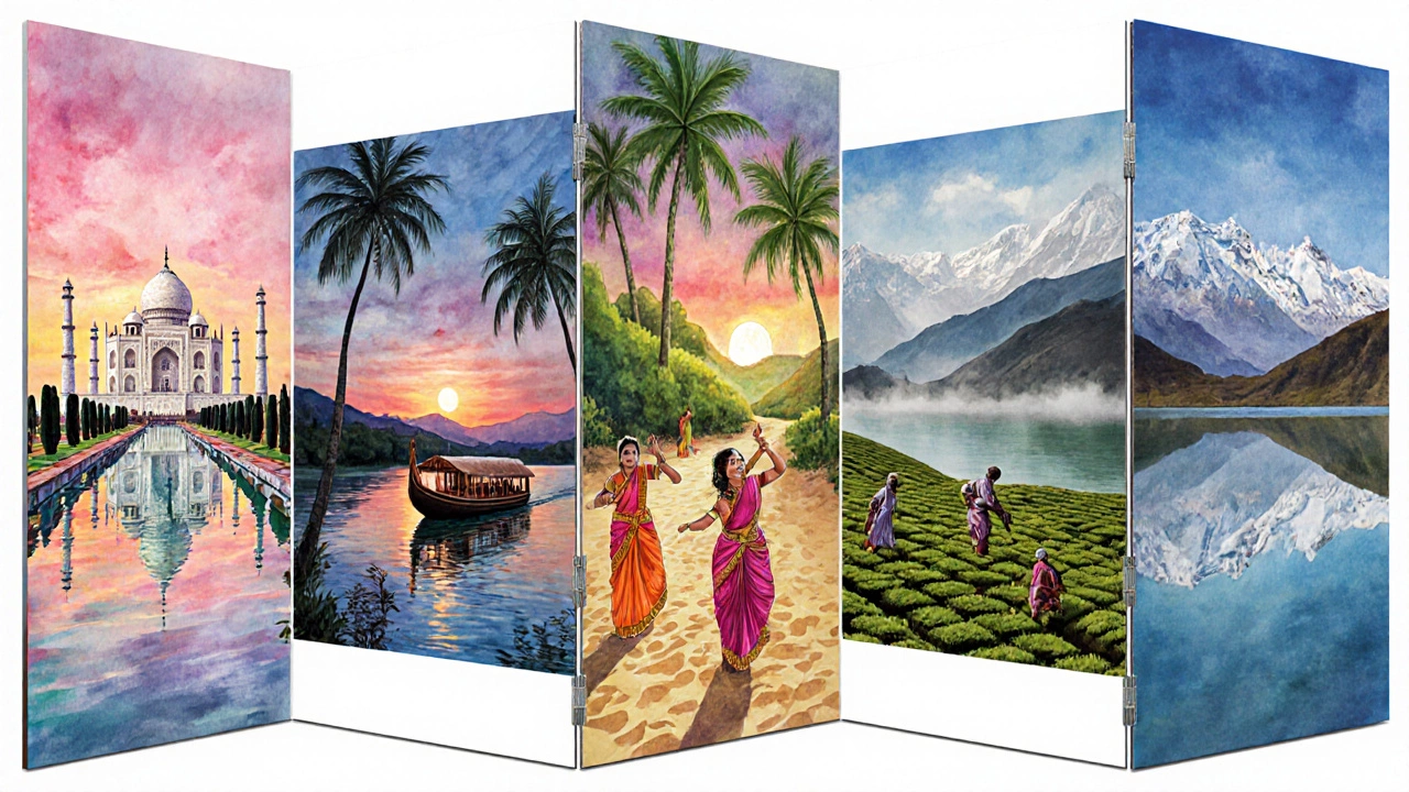 Five-panel watercolor showing Taj Mahal, Kerala backwaters, Goa beach, Darjeeling tea gardens, and Pangong Lake.