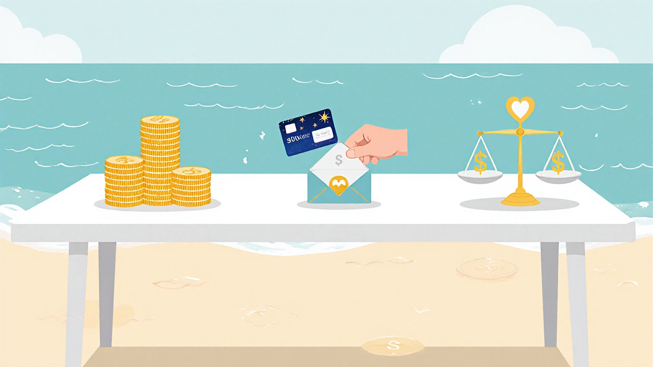 Flat illustration of beach table showing symbols for different honeymoon payment methods.