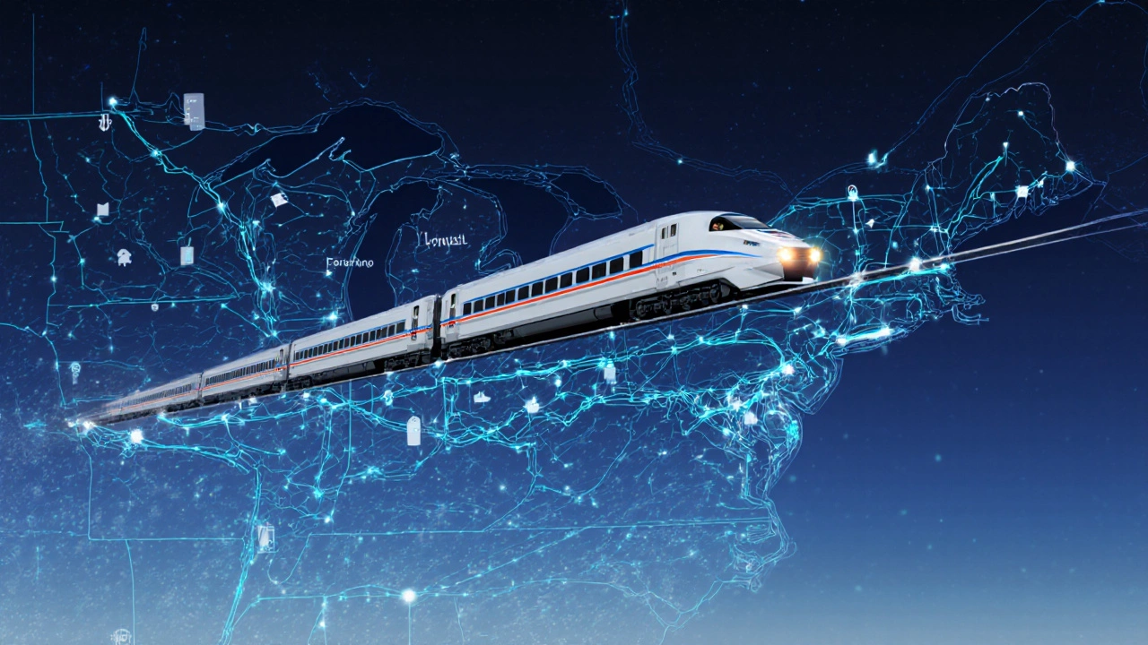 Futuristic high‑speed train concept over a map of the Midwest corridor.