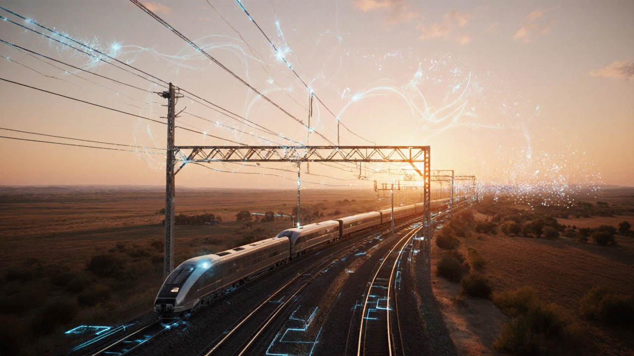 Futuristic rail network spanning diverse landscapes, featuring advanced high‑speed trains.