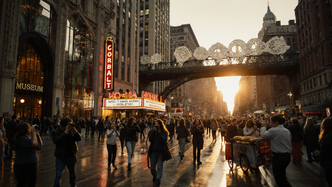 Golden‑hour New York street scene with museums, Broadway lights, food carts and pedestrians.