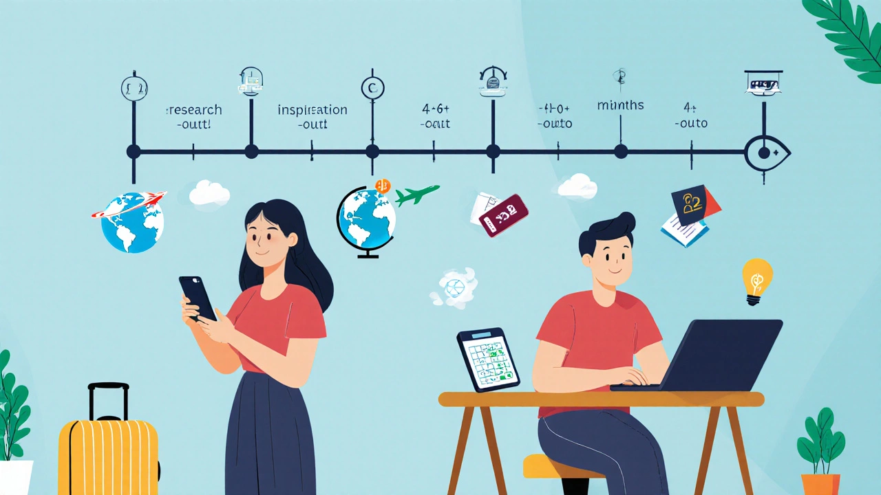Illustrated timeline showing four planning phases with icons and a couple dividing research and budgeting tasks.