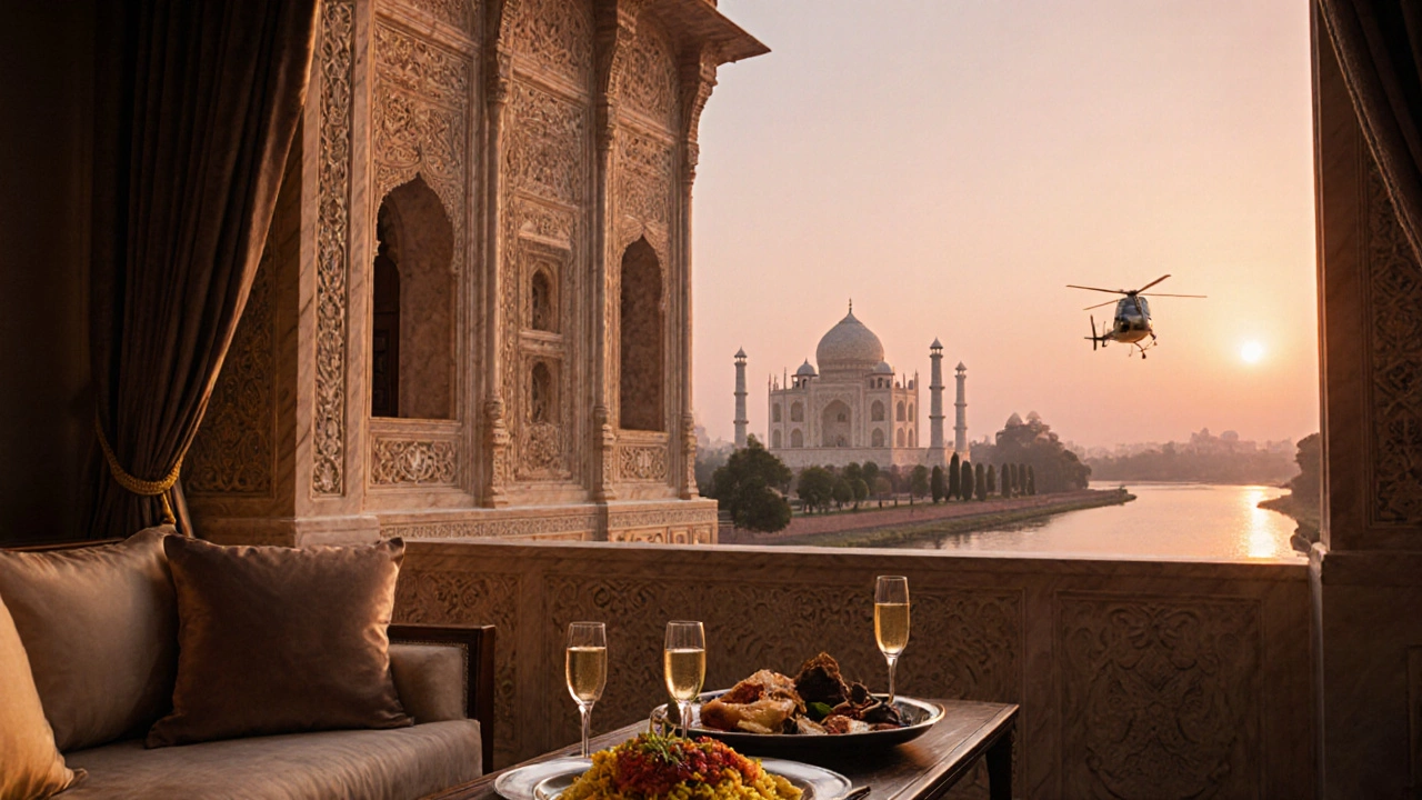 Luxury guest on a palace balcony overlooking the Taj Mahal at sunset.