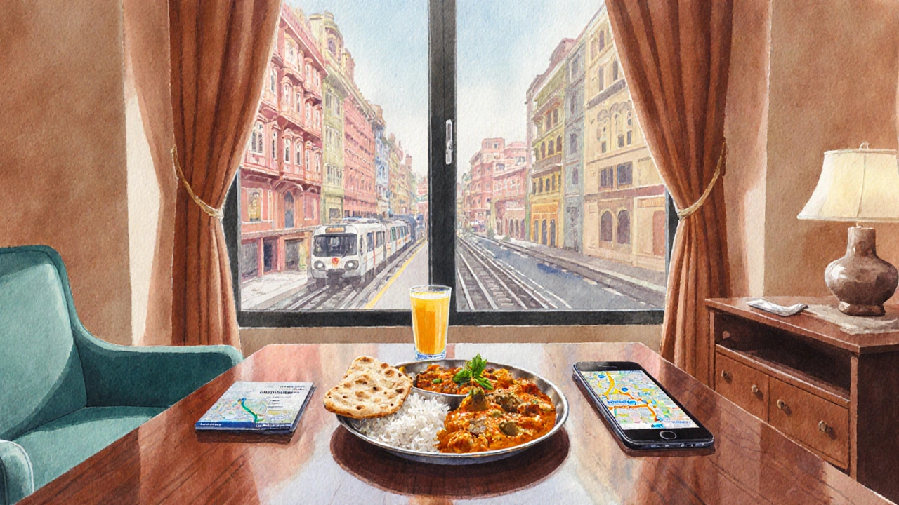 Mid‑range traveler in a boutique hotel lobby with a thali meal and metro ticket.