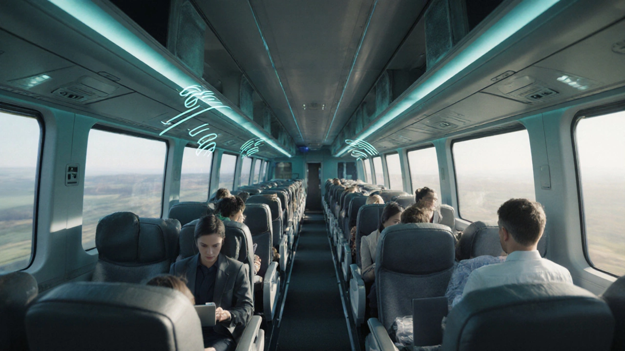 Modern train cabin with spacious seats, power outlets, and passengers using Wi‑Fi devices.