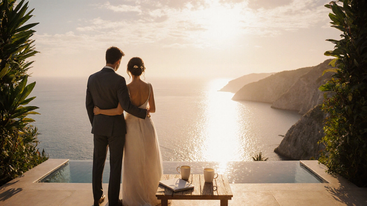 Newlyweds embracing on a sunrise balcony with sea view.