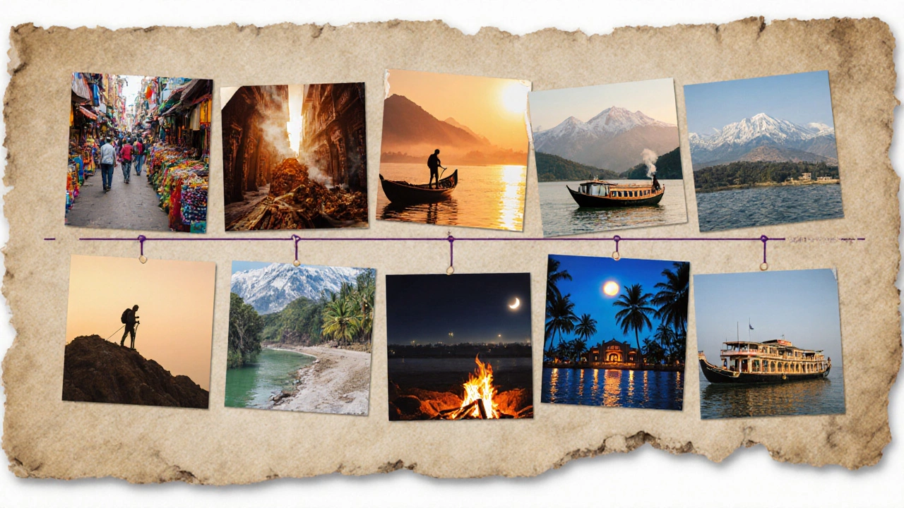 Photorealistic collage of a journey from Delhi market to Kerala houseboat via Jaipur, Varanasi, Himachal, and Goa.
