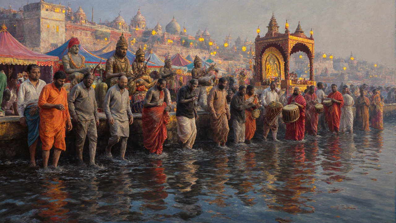 Pilgrims and sadhus taking the royal bath on the ghats surrounded by colorful tents and worship.