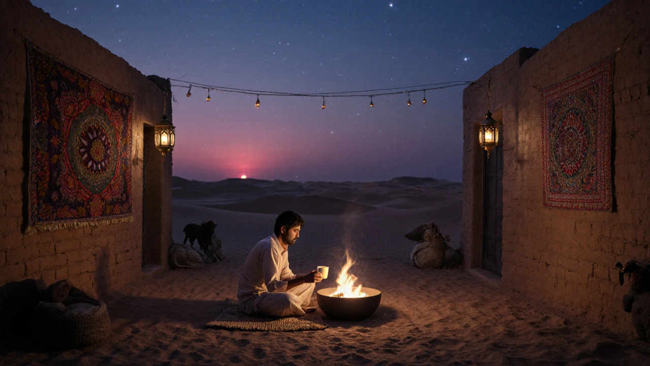 Rabari family host offering goat‑milk cheese at a desert homestay.
