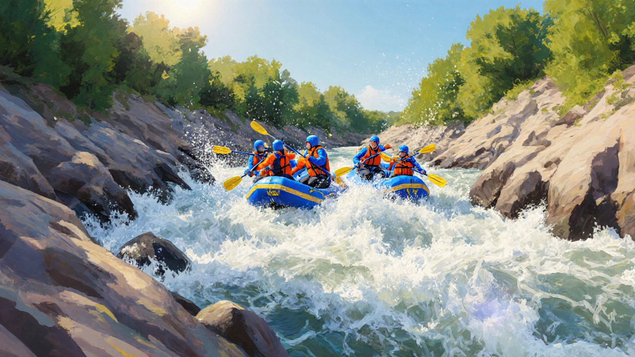 River rafters navigating a sunny Kansas River rapid surrounded by trees.