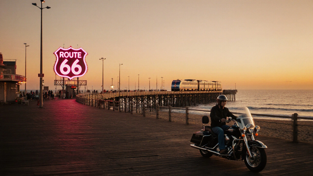 Santa Monica Pier at sunset with neon Route 66 sign, motorcycle, and distant train silhouette.