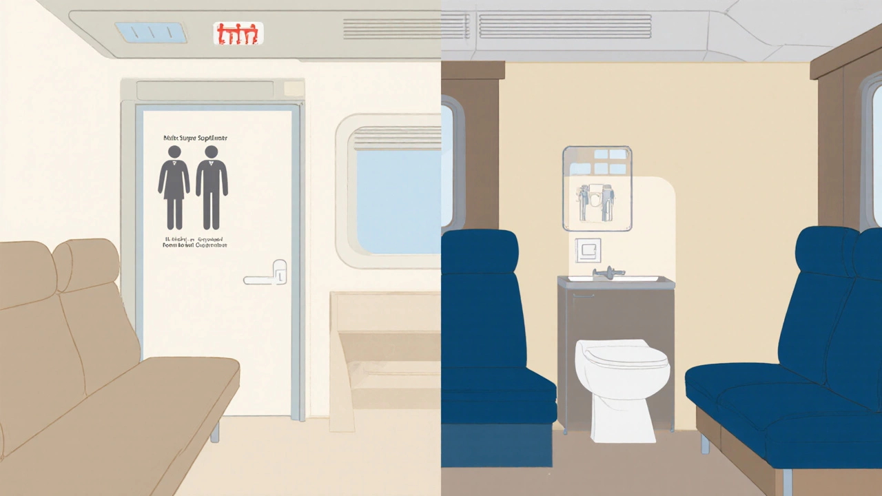 Split view contrasting an Amtrak roomette with shared bathroom and a VIA Rail roomette with private half‑bath.