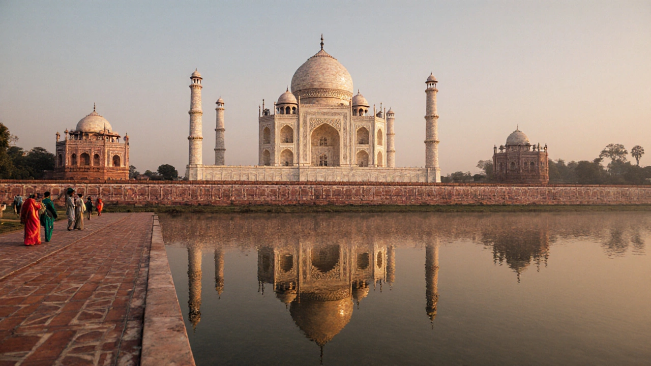 Sunrise view of the Taj Mahal reflecting on the Yamuna River.