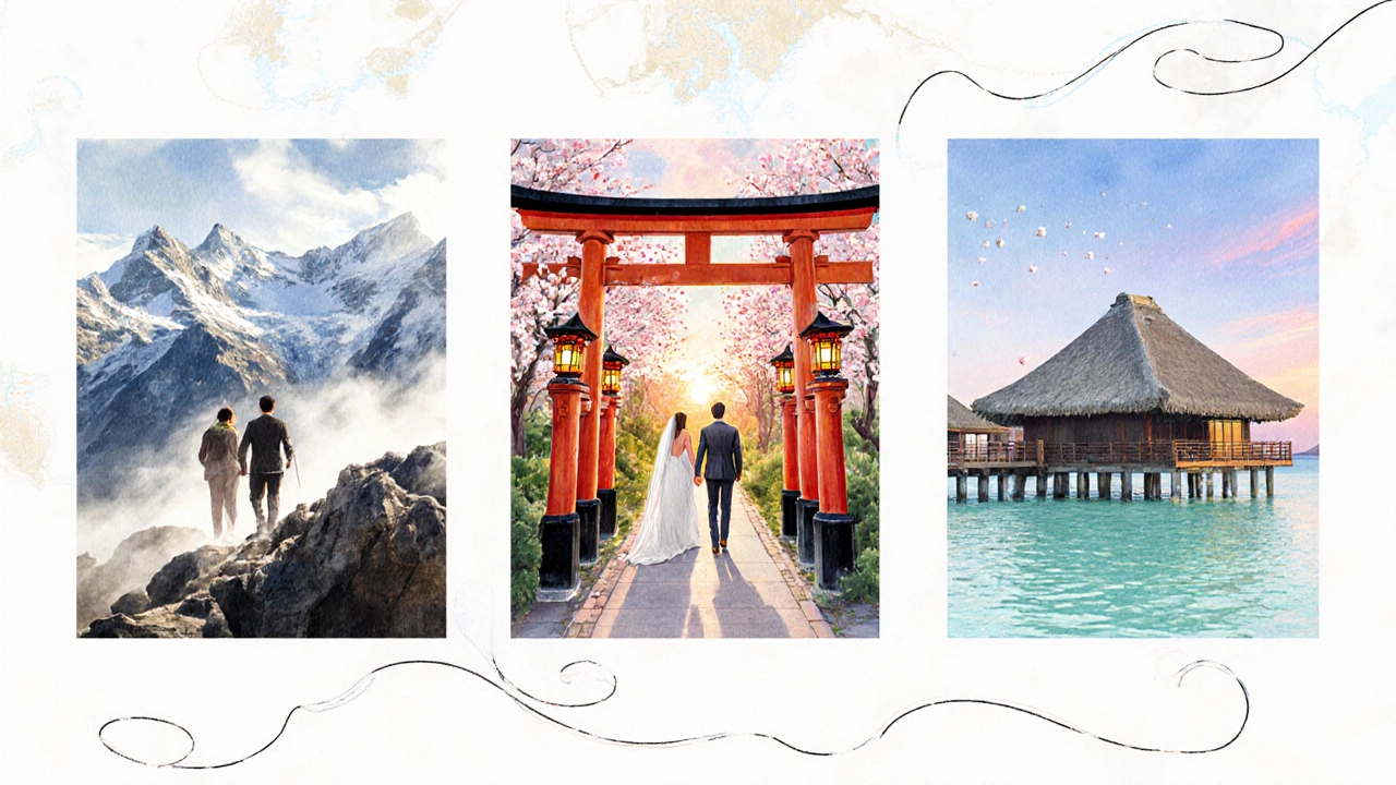 Three honeymoon scenes: Patagonia trek, Kyoto temple walk, Maldives beach.