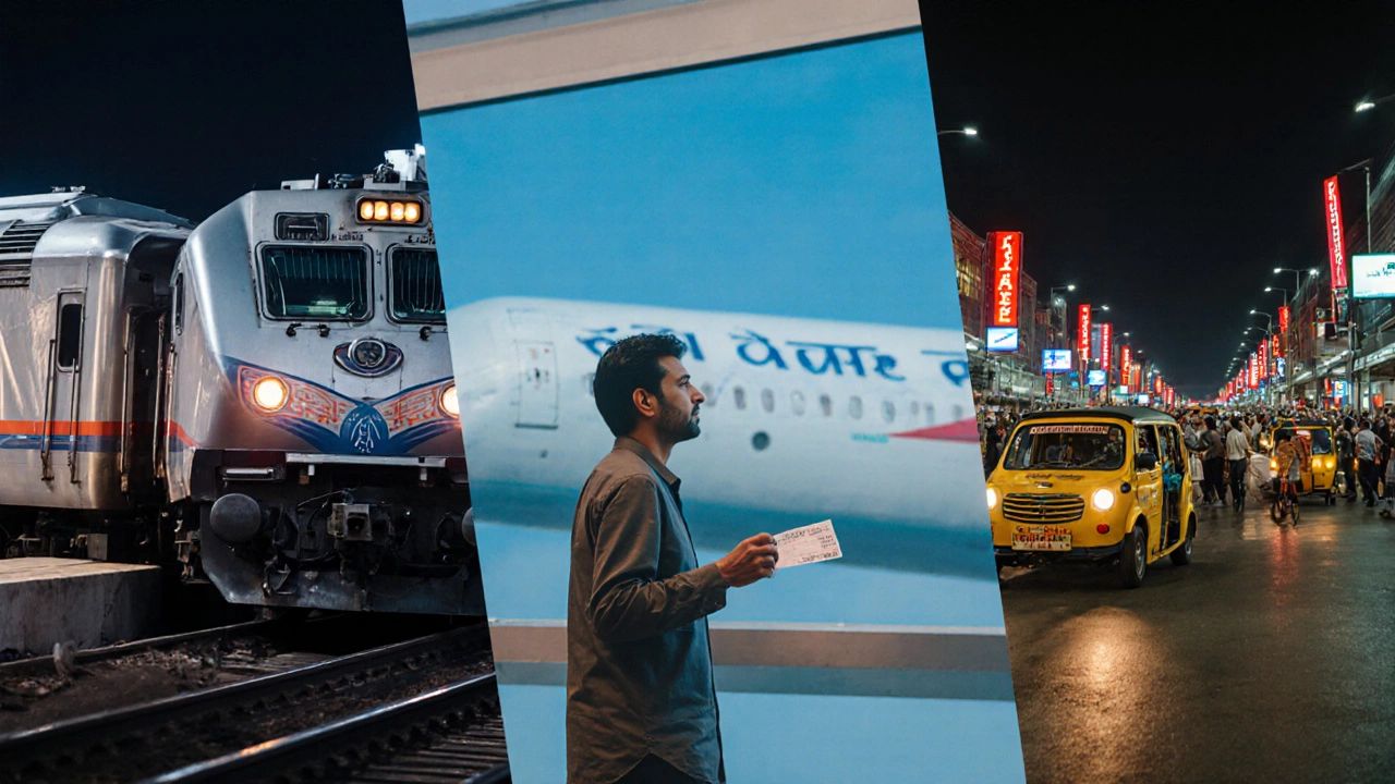 Three Indian transport options: train platform, airport gate, and auto‑rickshaw street.