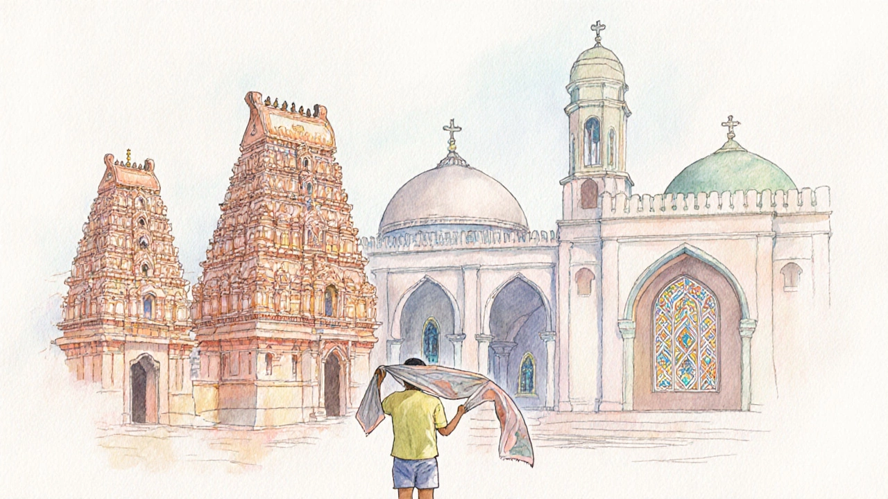 Tourist holding a scarf near a Hindu temple, mosque, and church, highlighting modest dress.