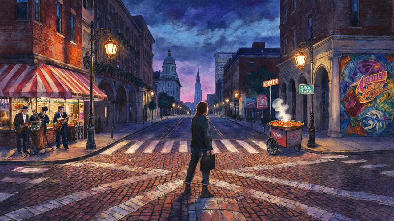 Traveler at a crossroads surrounded by cultural elements from seven major US cities at twilight.