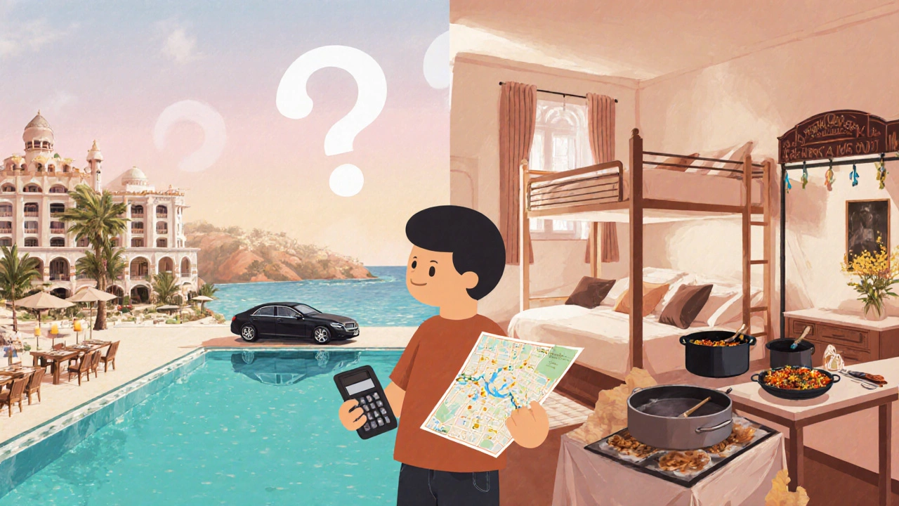 Traveler comparing a luxury beach resort with a budget hostel and street food.