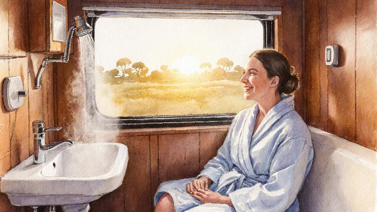 Traveler enjoying a private half‑bath and compact shower inside a Queensland Rail roomette.