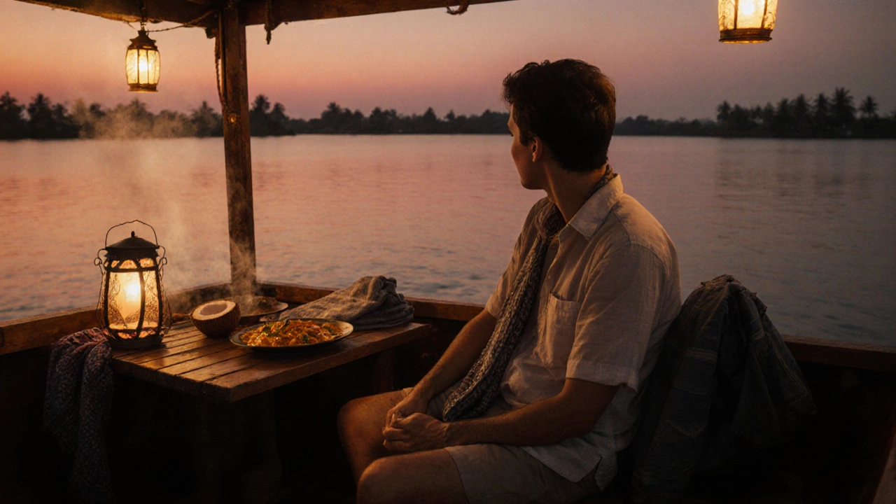 Traveler in shorts seated on a houseboat at dusk, with a scarf and rain poncho nearby.