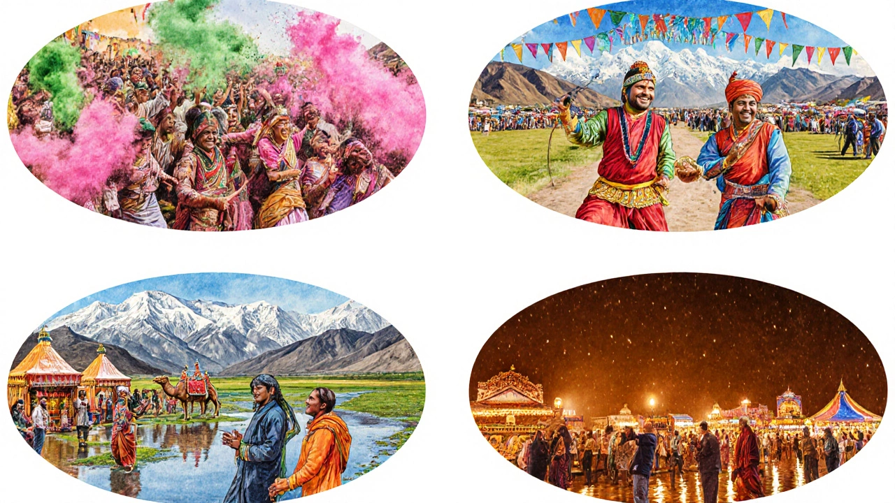 Watercolor illustration of Holi, Leh-Ladakh, monsoon fair, and Pushkar camel festival scenes.