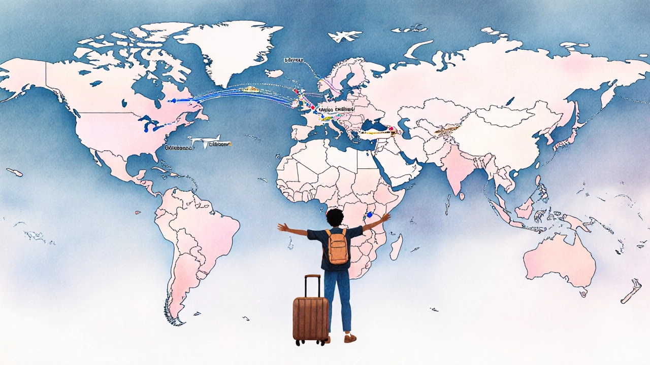 Watercolor map illustrating US‑India flight routes and a happy traveler.