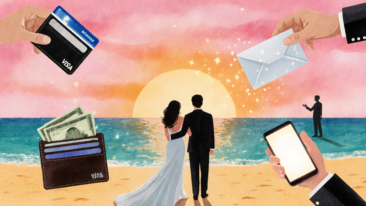Watercolor of couple on Fiji beach sunset with subtle hints of money and gifts.