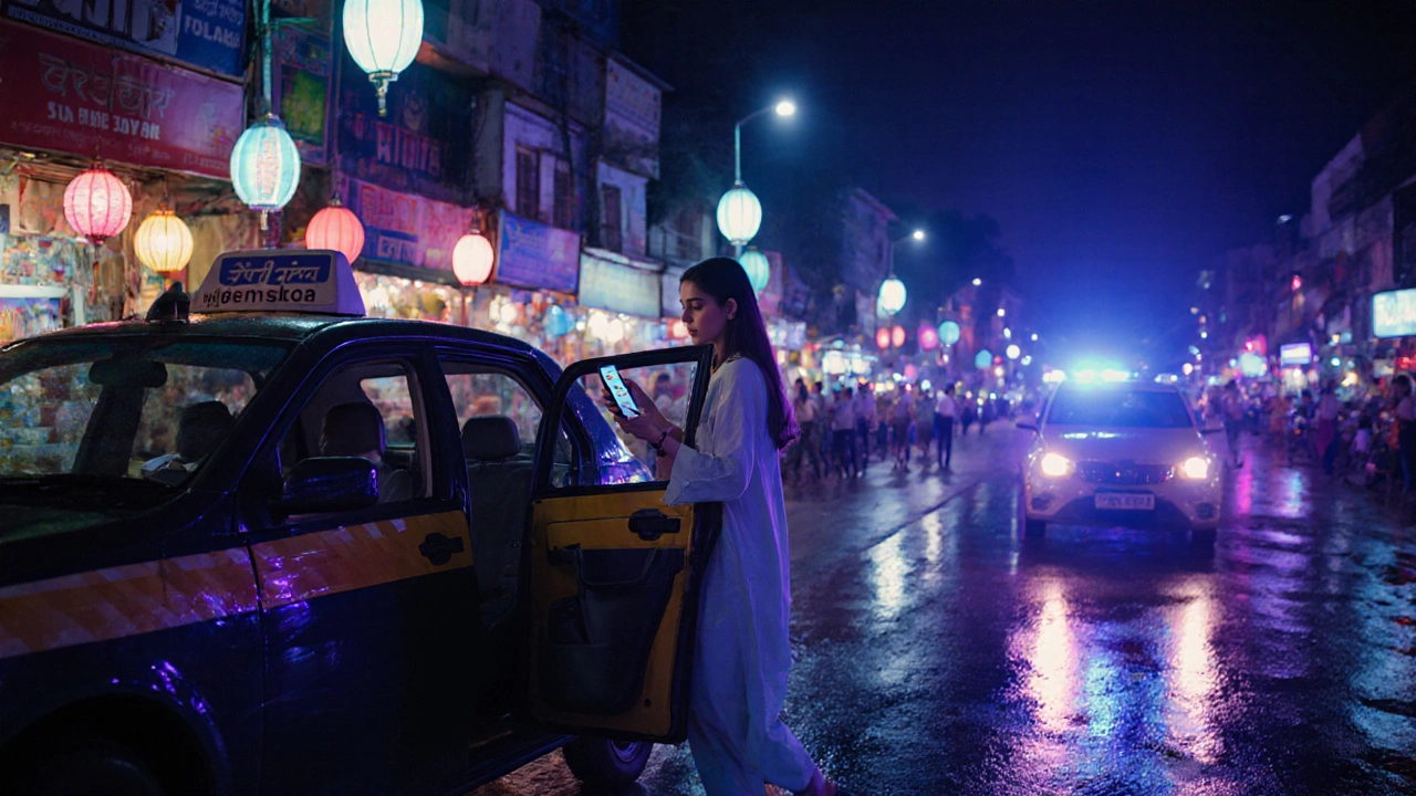 Woman exits a rideshare car on a lit Chandigarh street at night, holding her phone while a police patrol passes.