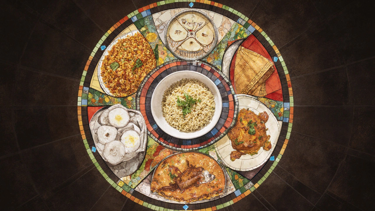 A circular mosaic of regional Indian dishes surrounding a central bowl of khichdi.