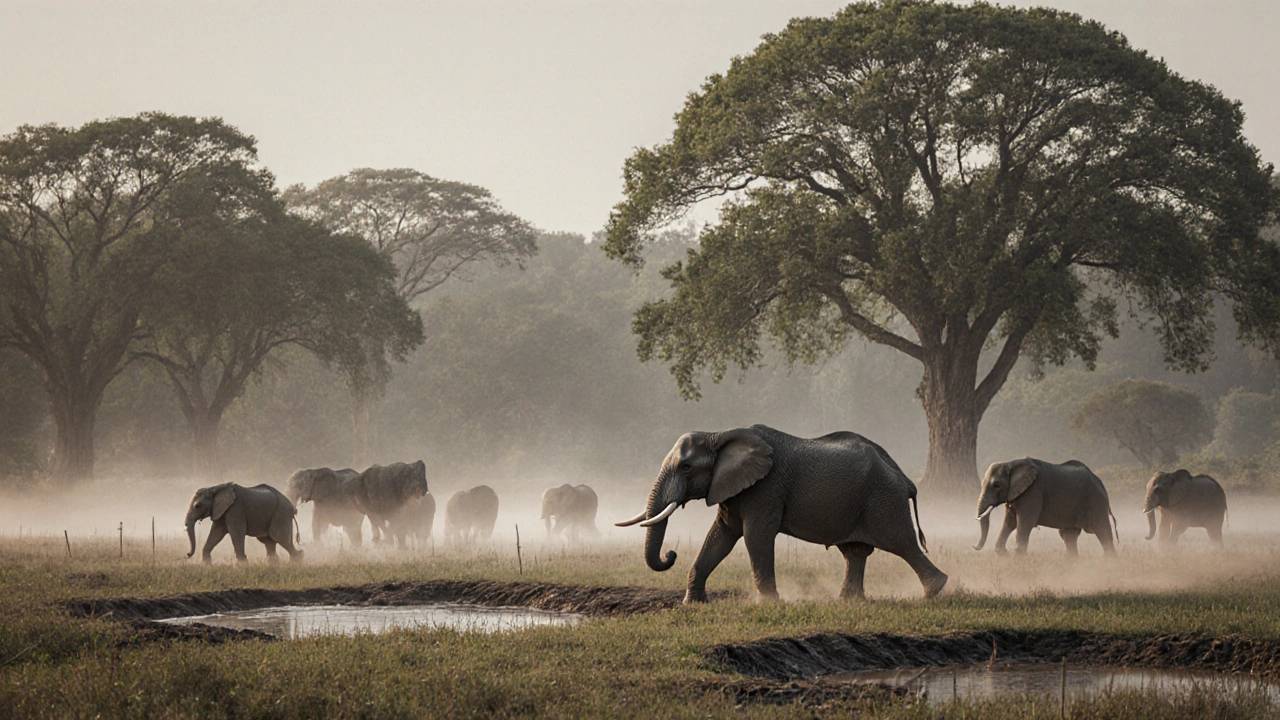A herd of elephants roaming freely through a wooded sanctuary, morning mist rising around them.