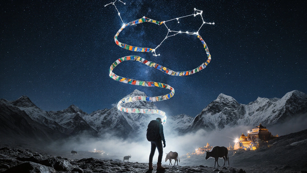 A lone trekker at Everest Base Camp surrounded by floating prayer flags turning into stars.