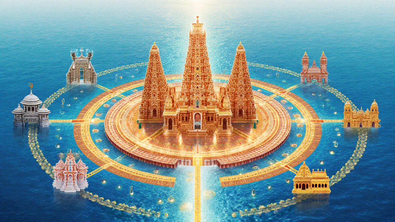 A mandala showing Rameshwaram Temple at the center, connected to the three other Char Dham sites by glowing lines and holy wells.