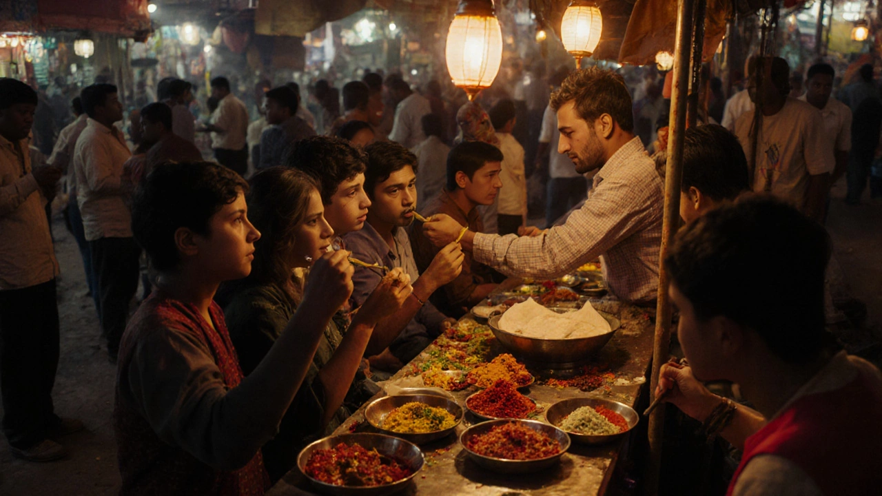 A street vendor serving pani puri to a diverse group of people at dusk in Varanasi.