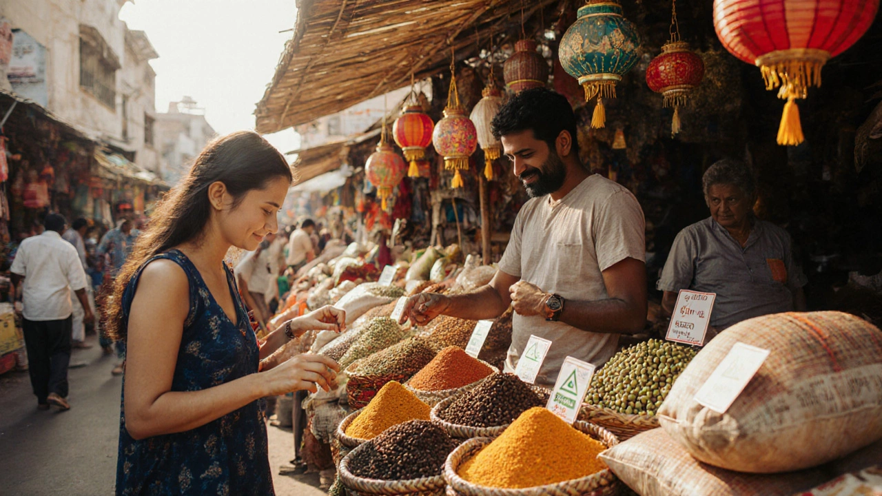 A tourist shopping for spices in a colorful Kerala market with a certified safety badge visible.