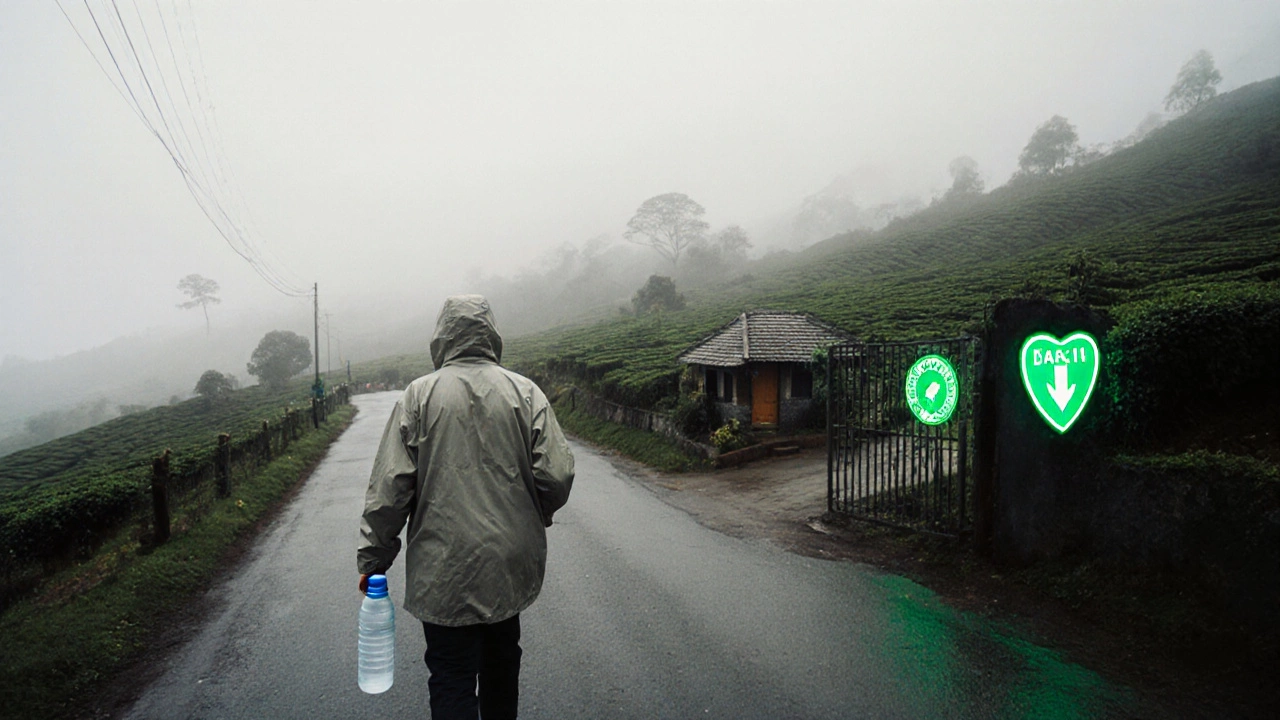 A traveler on a misty hill road in Munnar with a safety-certified homestay in the distance.