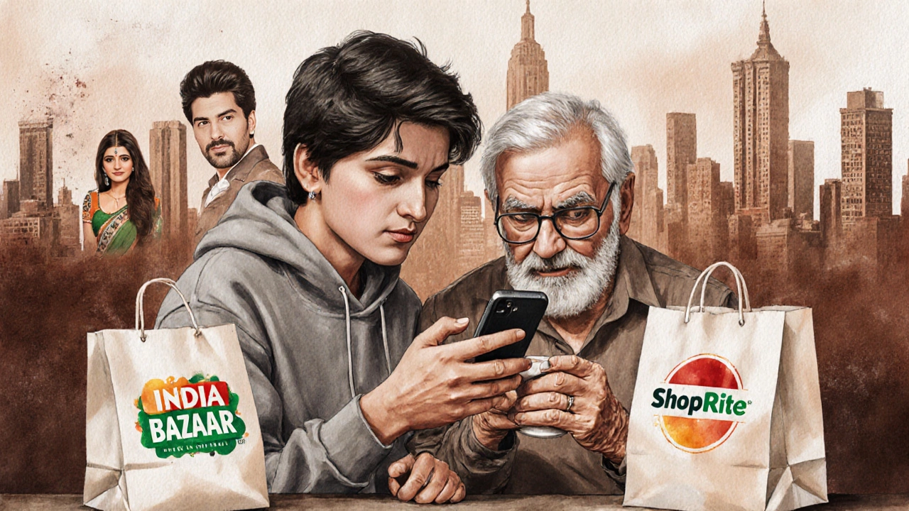 A young Indian-American teen sharing chai with an elderly neighbor, cultural symbols blending in the background of urban Jersey City.