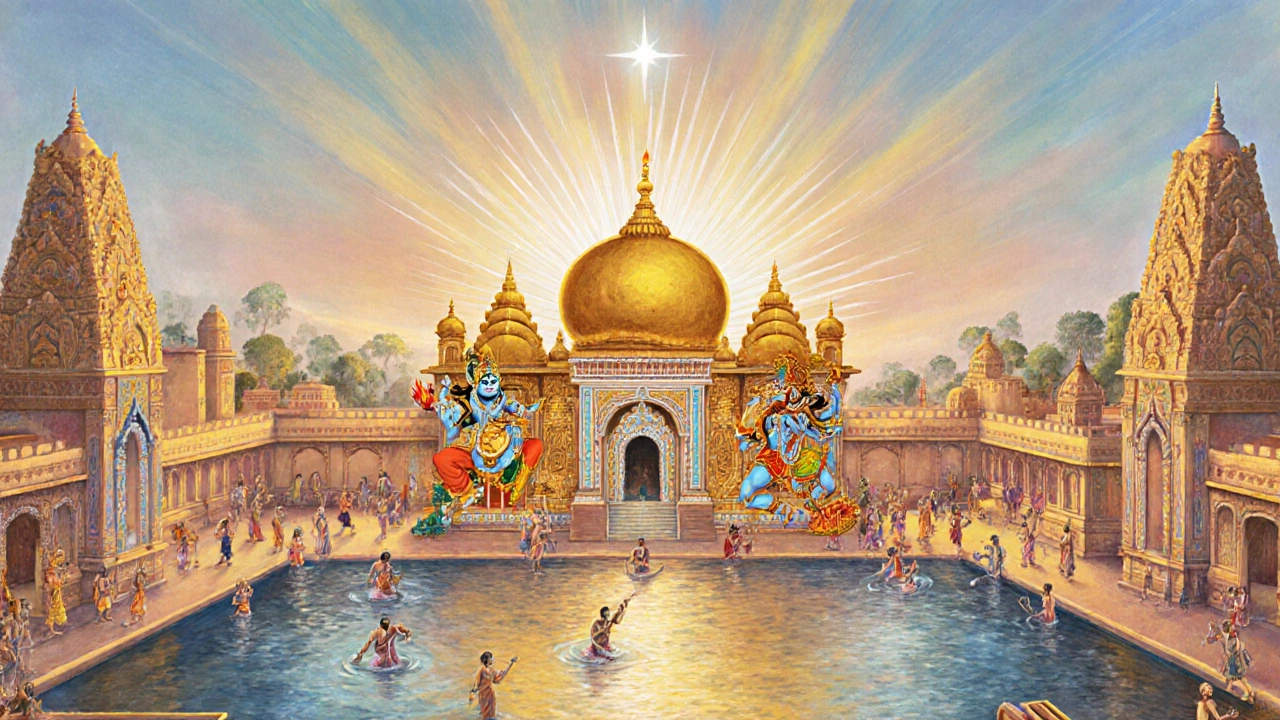 Ancient temple complex at dawn with golden sanctum and star Sirius aligned above.