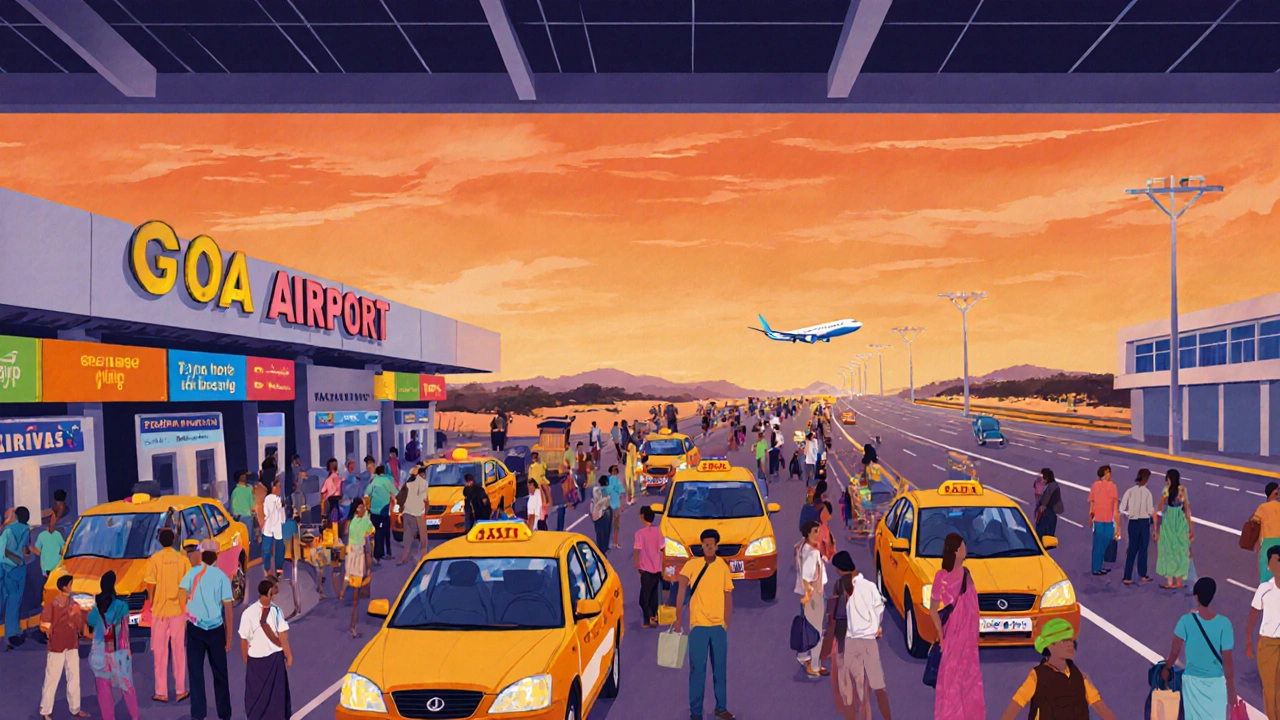 Busy Goa airport arrivals area at dusk with travelers at taxi counters and highway leading to beaches.