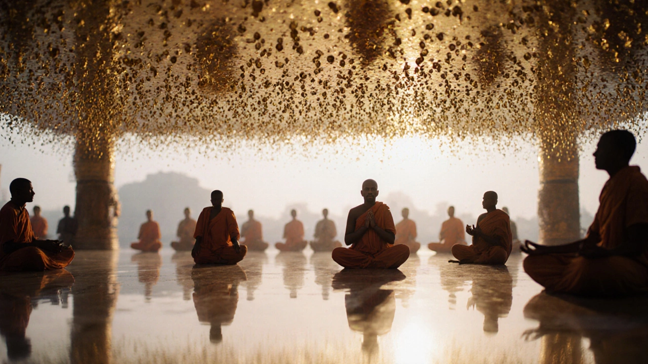 Close-up of golden roof beams casting light like stars on the temple floor.